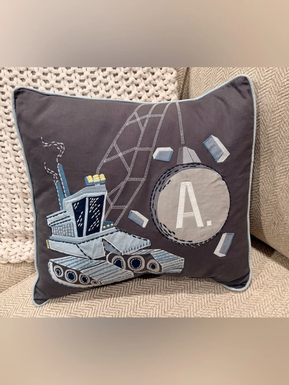 Pottery Barn Kids Construction Pillow 🔹Monogram A🔹Gray Blue Excavator